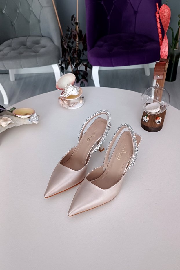 Nude Satin Jewelled Scarf 9 cm Square Heeled Wedding Dress Women's Shoes