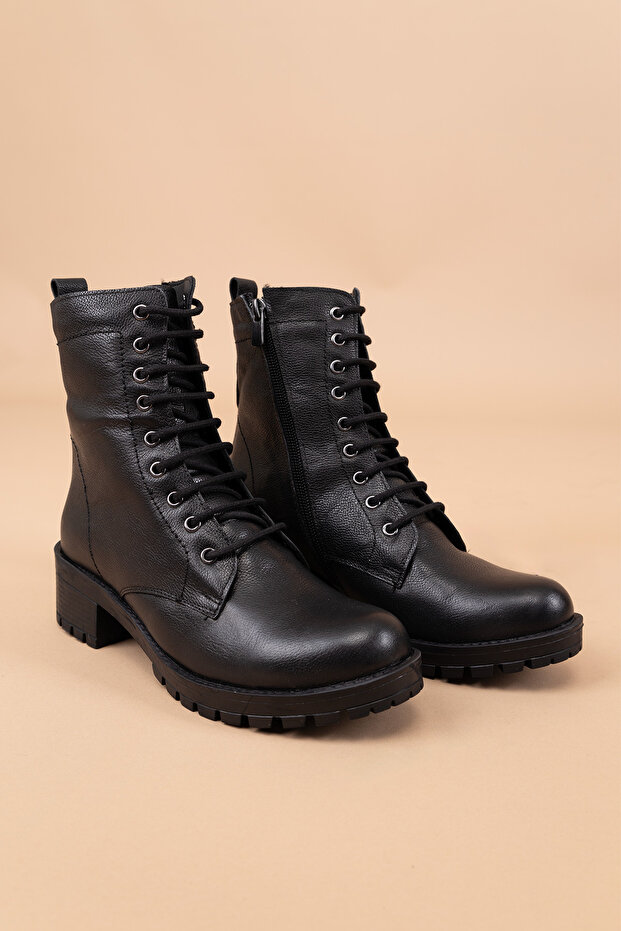 Febra Kadın Hakiki Deri Kalın Tabanlı Siyah Postal Bot - 6