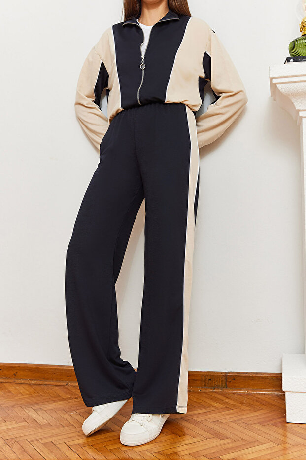 Women's Navy Blue Ecru Piping Detailed Top and Bottom Set 2382 60581001