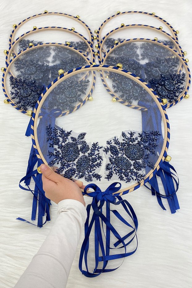 Vip Appliqued Bridal Tambourine Navy Blue, Bridesmaid Wedding Henna Night Circumcision Bachelorette Bride 30cm 1 Piece