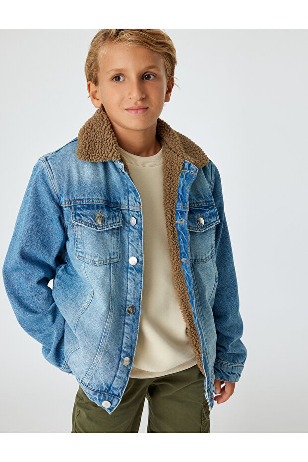 Denim Jacket Plush Detailed Capped Pocket Cotton Long Sleeve