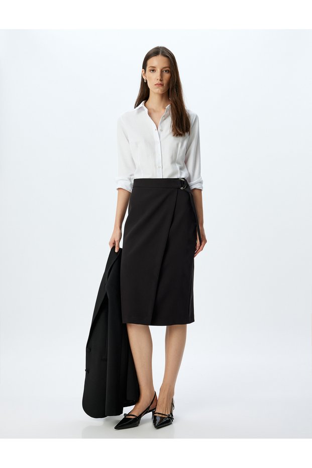 Belt Detailed Midi Length Double Breasted Skirt