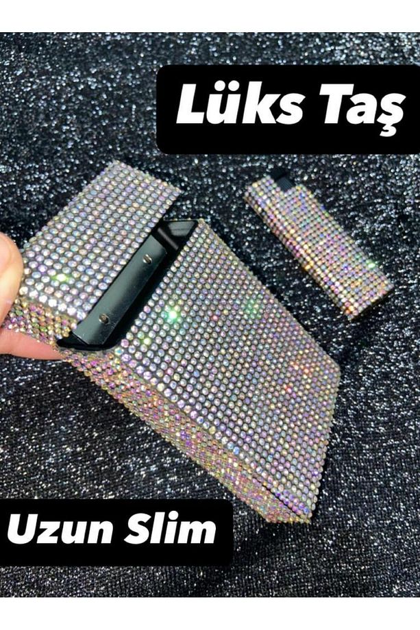 Taşlı Sigara Kutusu Ve Çakmak Pembe Janjan Renkli Uzun Slim - 3