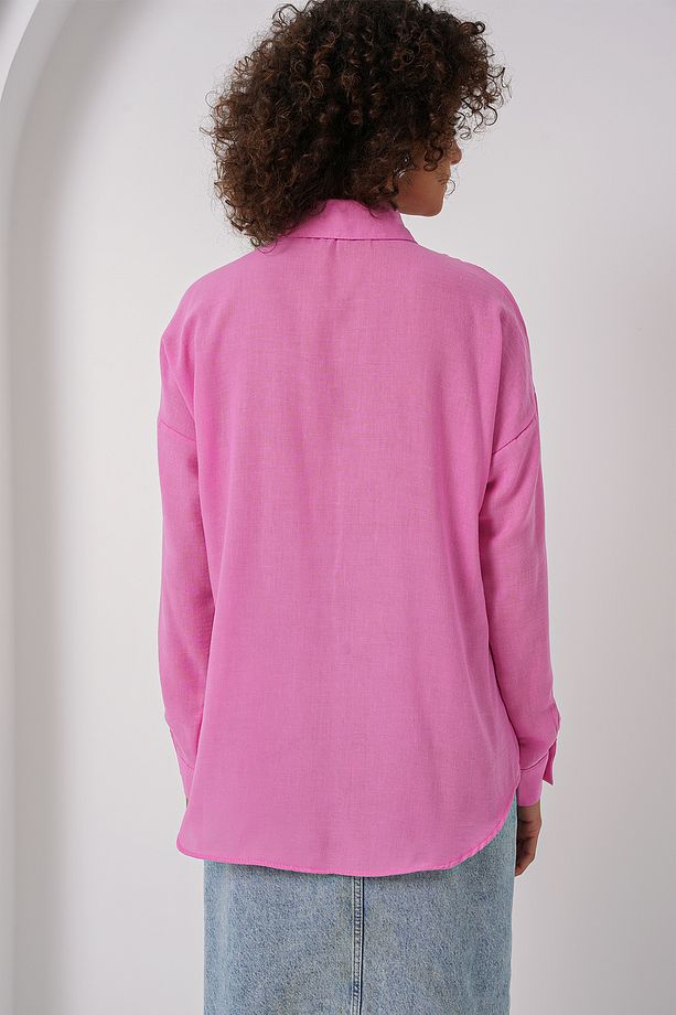 20153 Tek Cepli Oversize Keten Gömlek - Pembe - 6