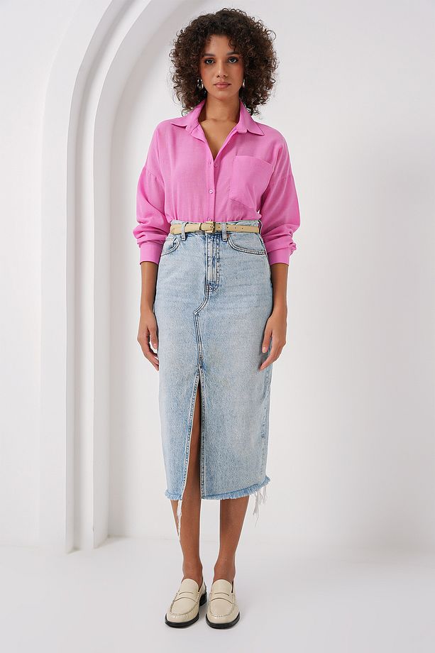 20153 Tek Cepli Oversize Keten Gömlek - Pembe - 2