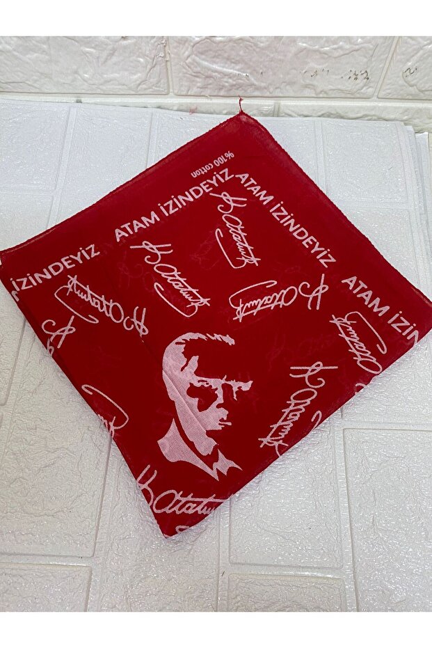 Unisex Red Ataturk Signed and Silhouetted Cotton Fabric Scarf - Bandana - April 23, October 29, May 19
