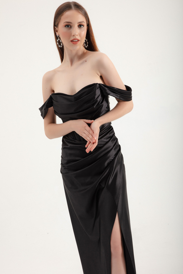 Rochie de seară lungă, neagră, cu decolteu barcă - 2