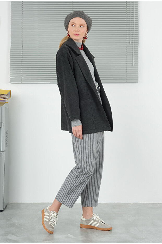 Geniş Yaka Kaşe Kaban Antrasit - 7