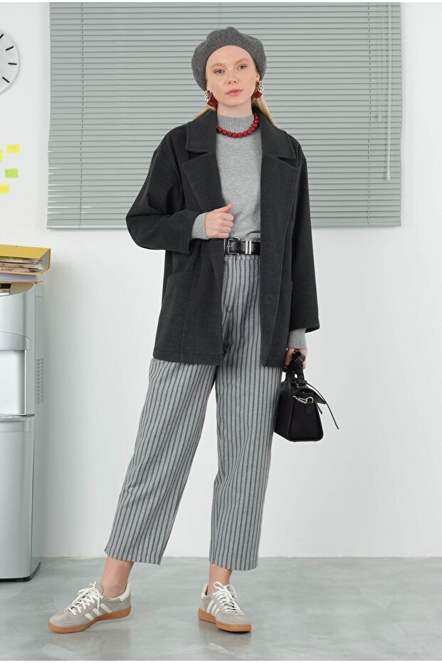 Geniş Yaka Kaşe Kaban Antrasit - 8