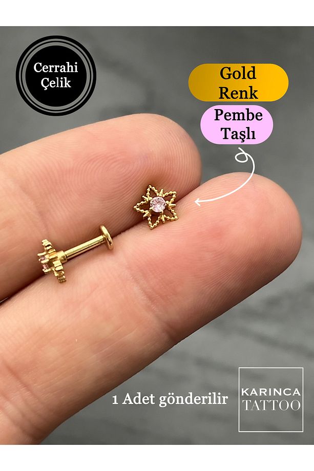 Yıldız Lotus Şık Zirkon Taşlı Piercing Tragus Forward Helix Conch Flat Kulak Memesi Küpe - 3