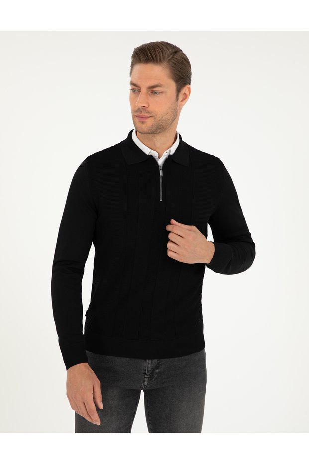 Pi̇erre Cardin Woven Polo Collar Zippered Knitwear Black Sweater