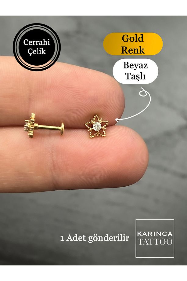 Yıldız Lotus Şık Zirkon Taşlı Piercing Tragus Forward Helix Conch Flat Kulak Memesi Küpe - 3