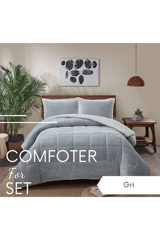 Çift Kişilik Kuzu Yünü Postu Peluş Kalın Comforter Yorgan Seti Gri - 1