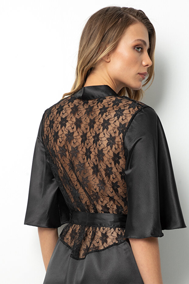 Saténový župan s krajkou na zádech - 7