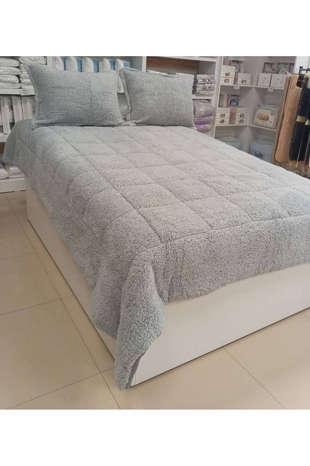 Çift Kişilik Kuzu Yünü Postu Peluş Kalın Comforter Yorgan Seti Gri - 4