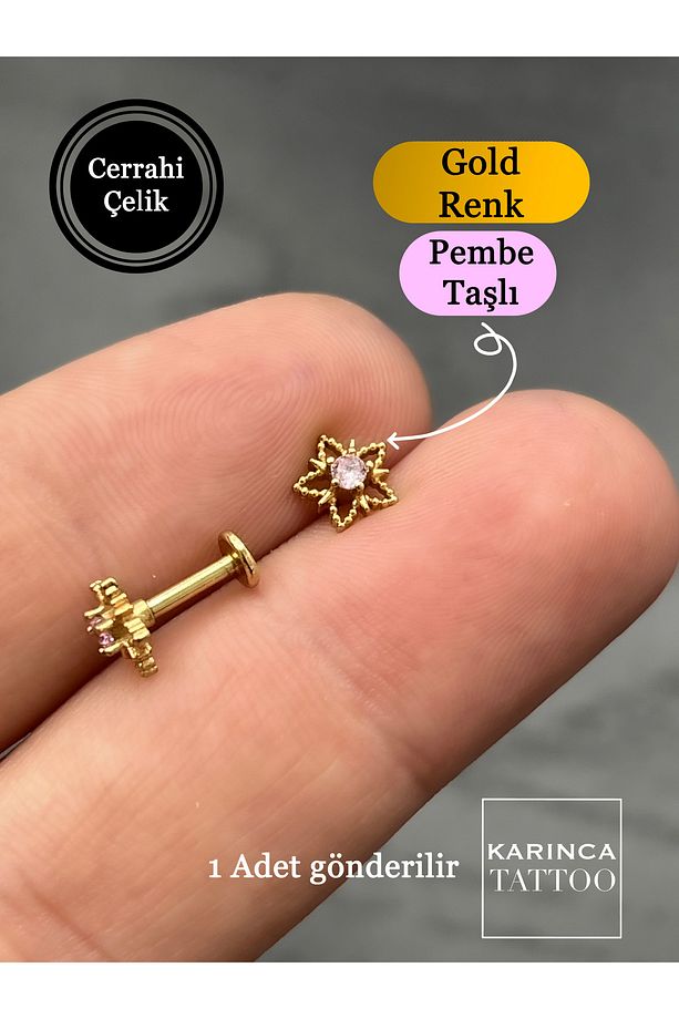 Yıldız Lotus Şık Zirkon Taşlı Piercing Tragus Forward Helix Conch Flat Kulak Memesi Küpe - 1