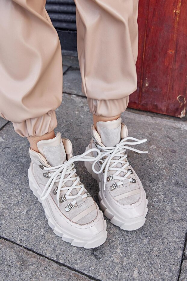 Candy Bej Hakiki Deri Kadın Sneaker Bot - 5