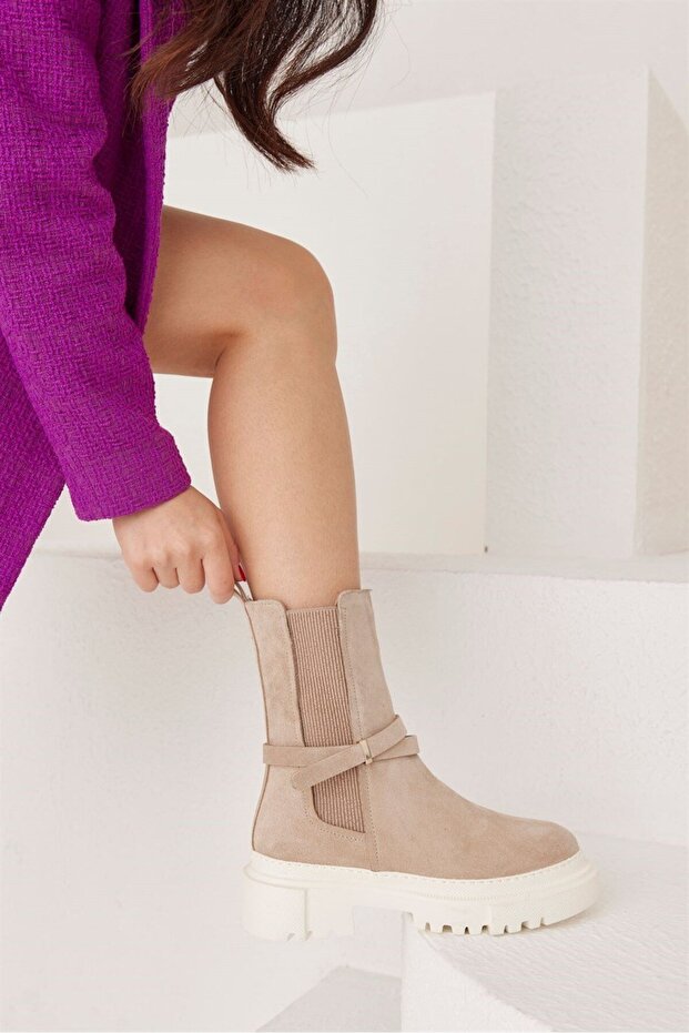 Mayara Bej Süet Deri Kalın Tabanlı Kadın Bot - 5
