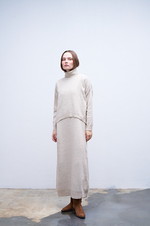 Ayben Triko Elbise Bej - 1