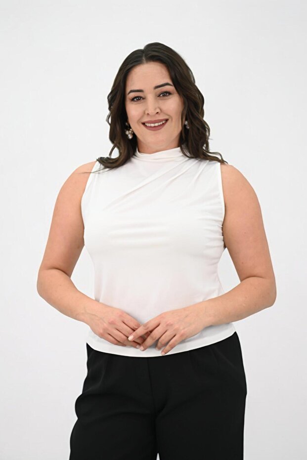 Women's Large Size Drape Detailed Stand Collar Blouse 1851-25