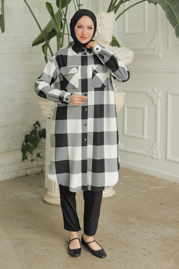 Shirt Collar Snap Pocket Tunic Black and White Checkered 24Kt415