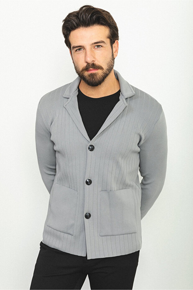 Striped Bag Pocket Slim Fit Wool Men's Knitwear Jacket Anthracite - 11230.22K