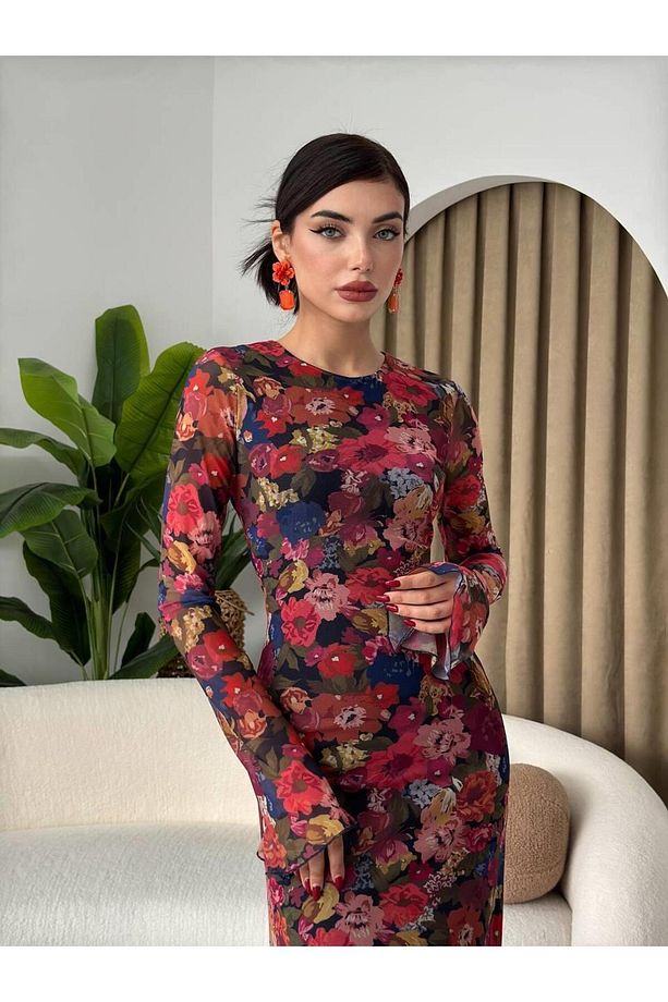 Çiçek Desen Streç Astarlı Elbise - 9