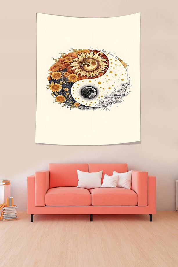 Ying Yang Denge Güneş Ay ve Günebakan Leke Tutmaz Kumaş Duvar Örtüsü Duvar Halısı Tapestry - 2