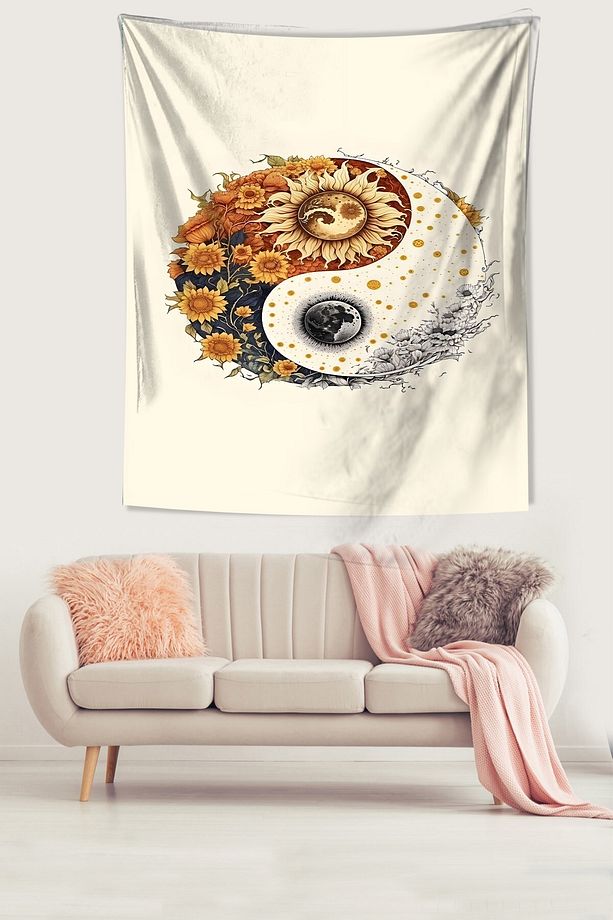 Ying Yang Denge Güneş Ay ve Günebakan Leke Tutmaz Kumaş Duvar Örtüsü Duvar Halısı Tapestry - 3