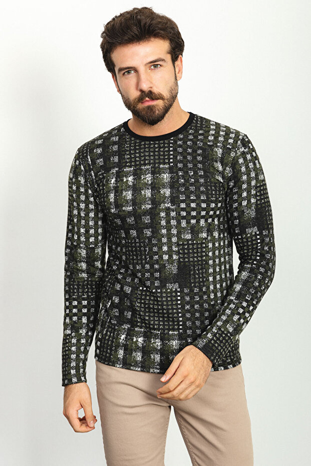 Patterned Slim Fit Crew Neck Long Sleeve Men's T-Shirt Black-Khaki - 36757.22K