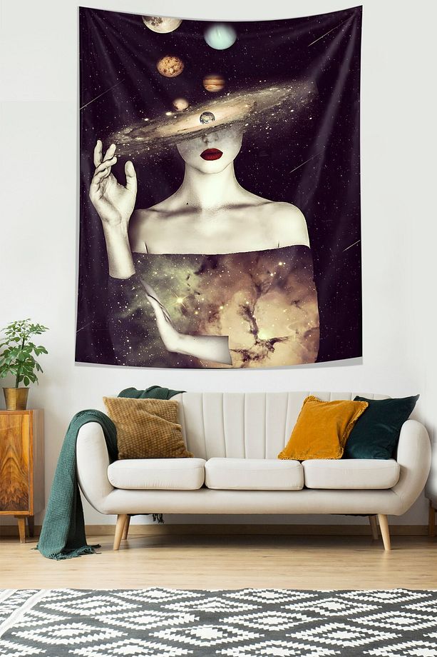 Kafası Uzay Galaksi Gezegenli Analitik Kadın Leke Tutmaz Kumaş Duvar Örtüsü Duvar Halısı Tapestry - 3