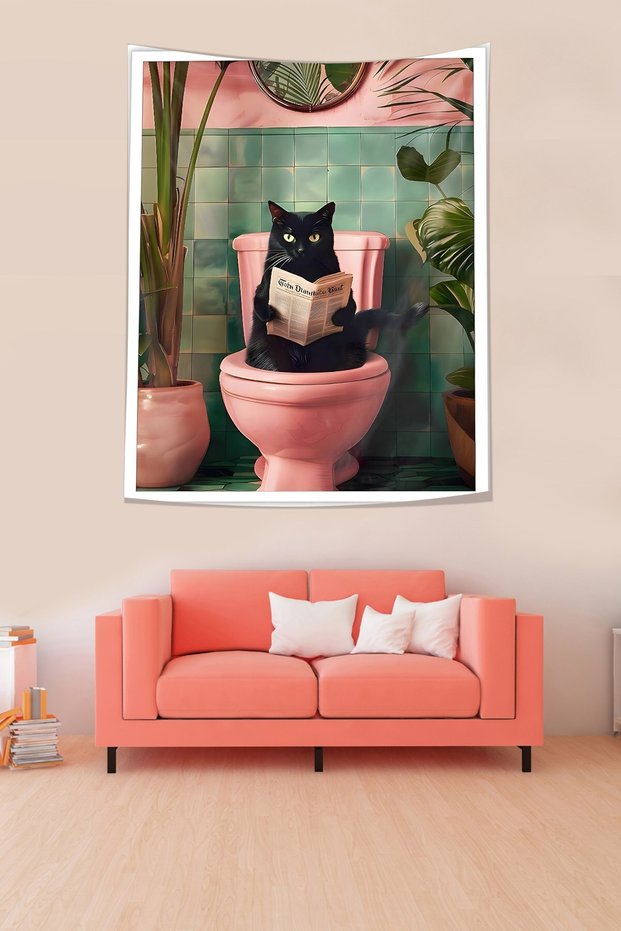 Cat Reading Newspaper in the Toilet Stain Resistant Fabric Wall Cloth Wall Carpet Tapestry