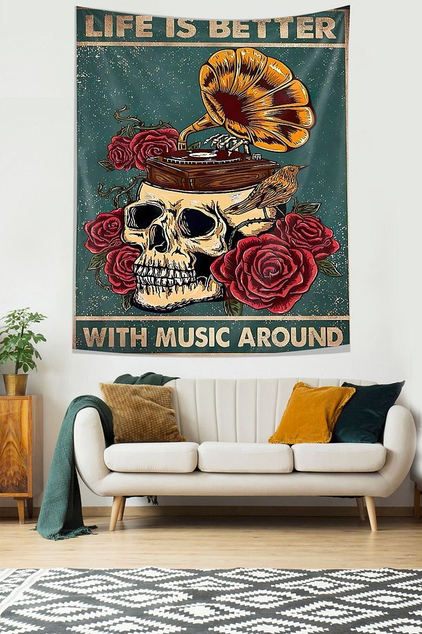 Müzkle Hayat Çok Güzel İskelet Kurukafa Leke Tutmaz Kumaş Duvar Örtüsü Duvar Halısı Tapestry - 2