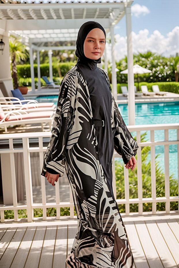 P2401 Model Patterned Black Kimono Kaftan