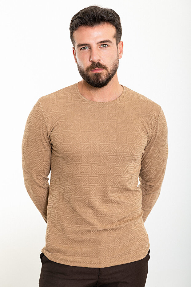 Patterned Slim Fit Crew Neck Long Sleeve Men's T-Shirt Beige - 36803.23K