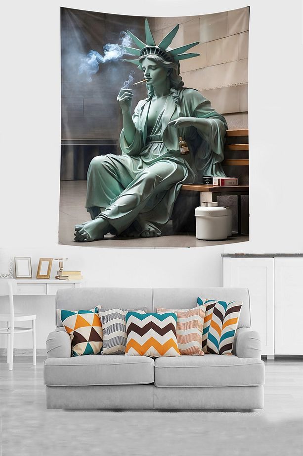 Sigara Yakan Özgürlük Heykeli Leke Tutmaz Kumaş Duvar Örtüsü Duvar Halısı Tapestry - 2