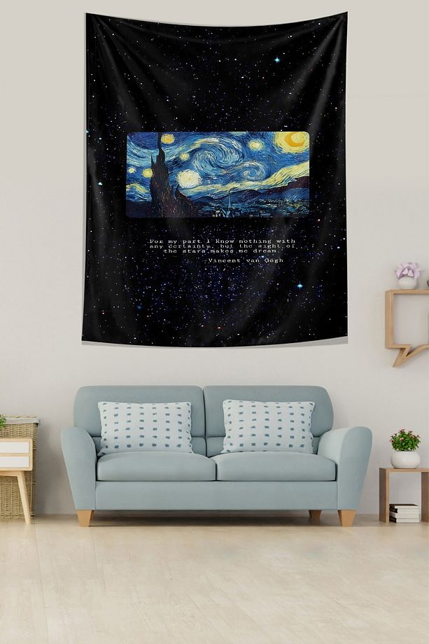 Yıldızlı Gecler Van Gog Sözü Leke Tutmaz Kumaş Duvar Örtüsü Duvar Halısı Tapestry - 3
