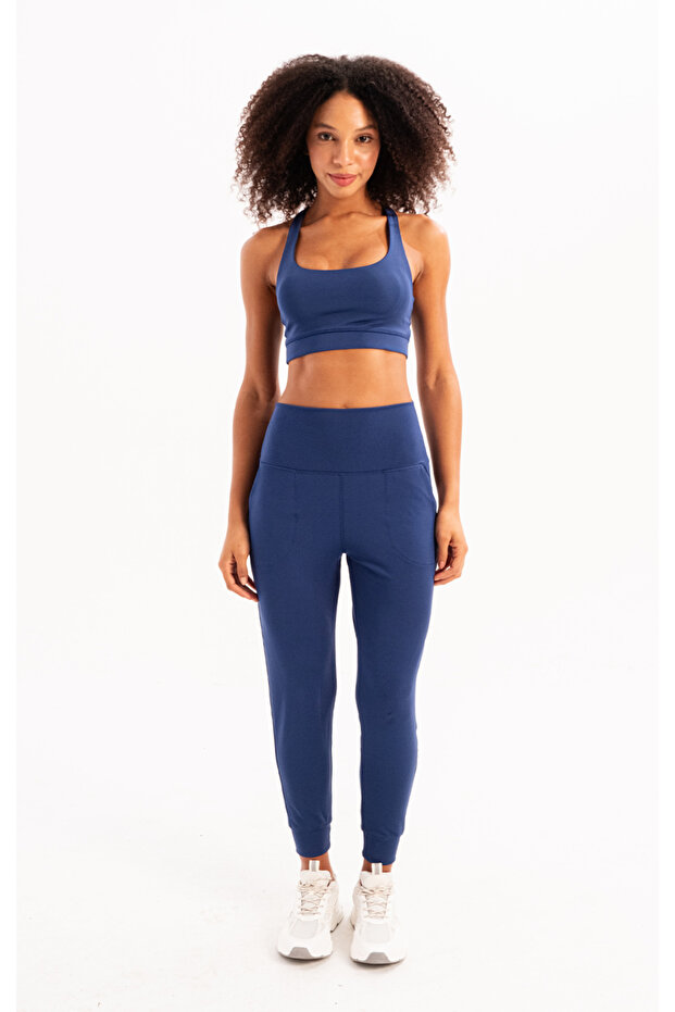 High Waist Elastic Pocket Relaxed Cut Recovery Jogger Navy Blue Women's Leggings - Beat