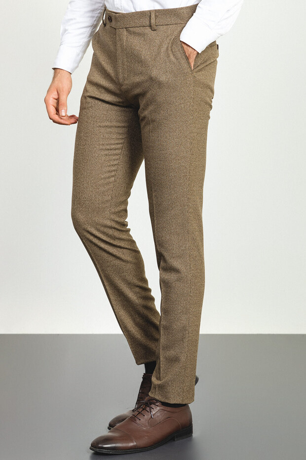 Patterned Super Slim Fit Wool Men's Trousers Khaki - 38106.22K
