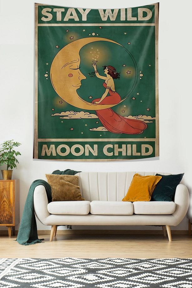 Ayda Oturan Genç Kadın Stay Wild Moon Child Leke Tutmaz Kumaş Duvar Örtüsü Duvar Halısı Tapestry - 1