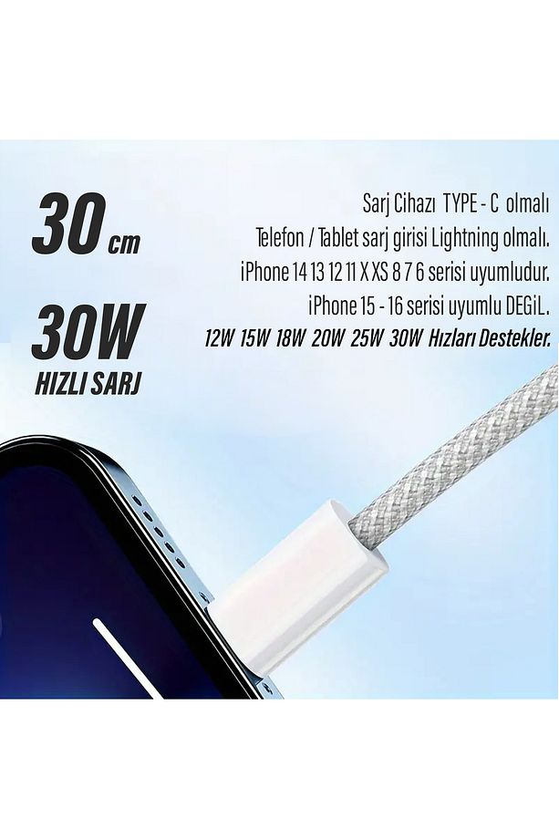 Kısa 30cm iPhone Şarj Kablosu TYPE C Lightning HIZLI iPhone 14 13 12 11 Uyumlu - 3