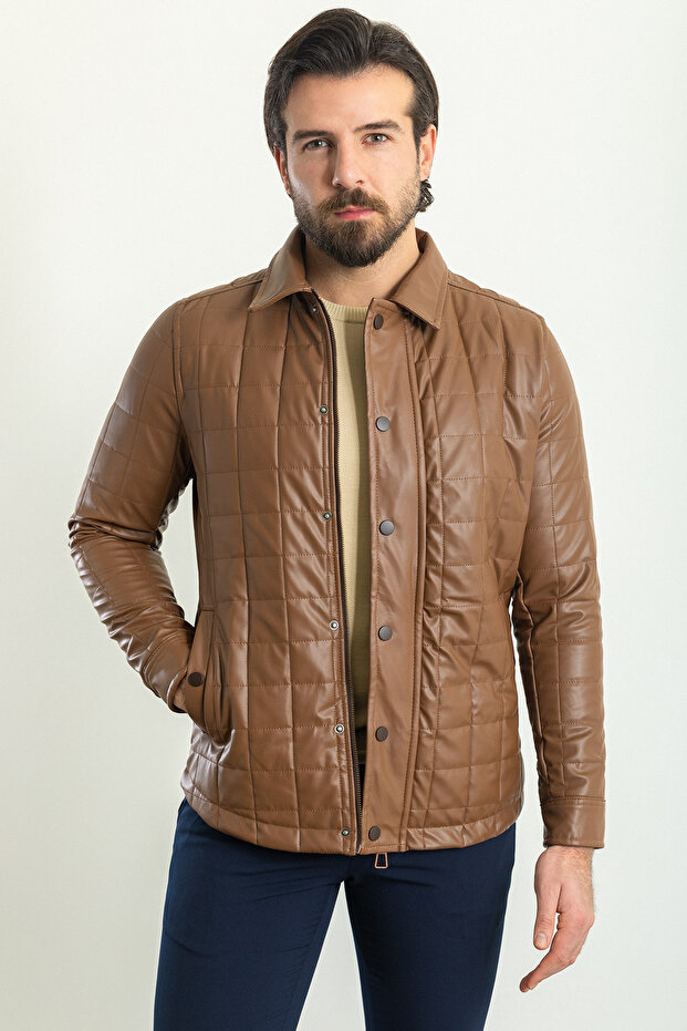 Quilted Slim Fit Shirt Collar Faux Leather Men's Coat Camel - 39573.23K