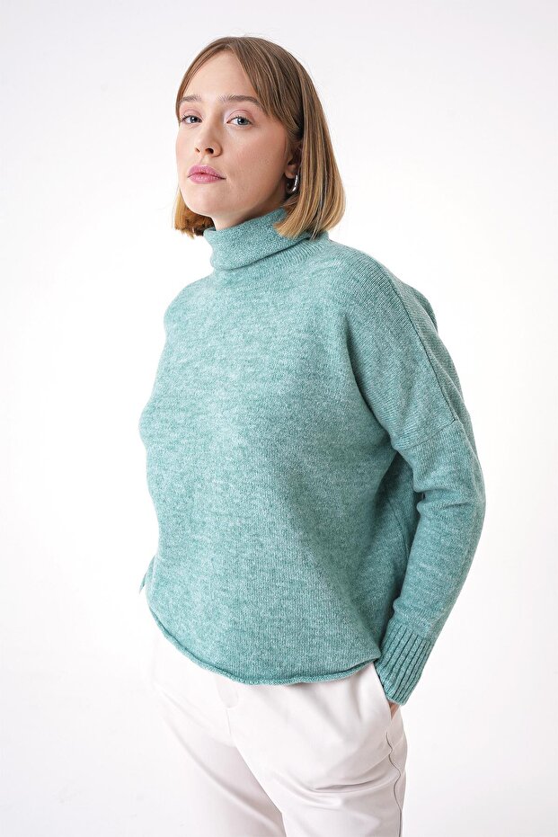 Women's Soft Textured Oversize Turtleneck Knitwear Sweater Mint 25W3014