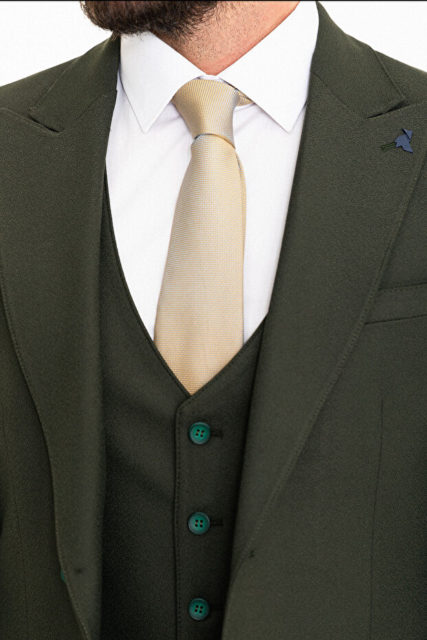 Egyenes, karcsúsított, széles galléros gyapjú klasszikus férfi öltöny, khaki - 45252.23K - 2