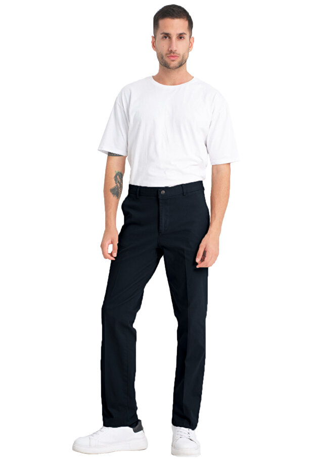 Men's Navy Blue Pocketed Casual Chino Regular Cut Lycra Canvas Trousers