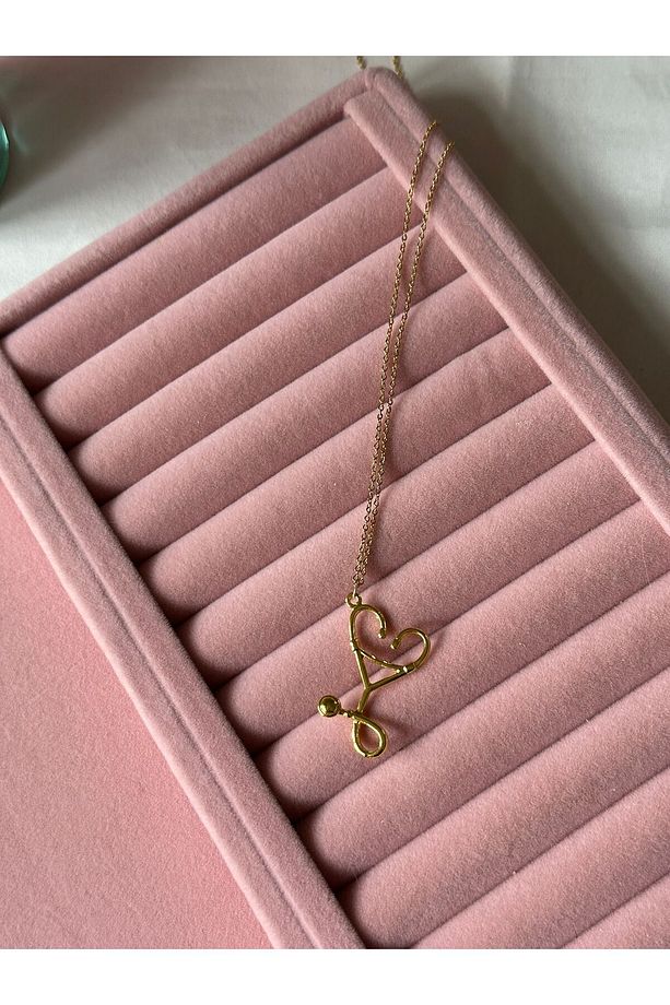 14K Altın Kaplama Kalpli Stetoskop Çelik Kolye - 3
