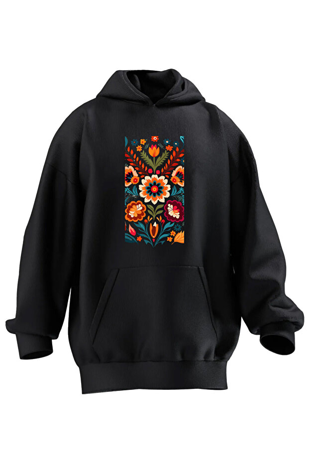 Premium Unisex Black Floral Pattern Hooded Sweatshirt - 3 Thread