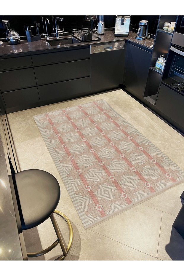Paris Collection Powder Beige Themed Geometric Plaid Patterned Creative Modern Decorative Carpet 170
