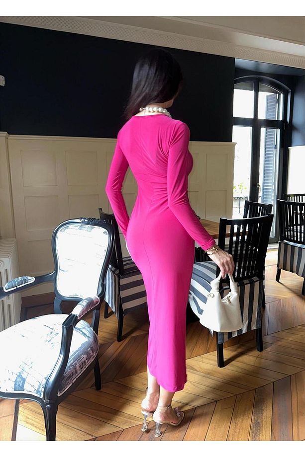 KADIN BİSİKLET YAKA PEMBE MİDİ UZUN KOLLU SANDY ELBİSE - 7