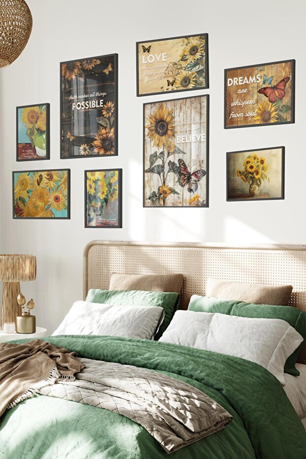 Siyah Tablo Seti, 8 Adet Çerçeve Seti,Vintage Ayçiçeği Temalı Galeri Poster Seti NO:025 - 1